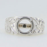 Sterling Silver Semi Mount Ring Setting in Art Nouveau style, designed for a round gemstone of 9x9mm.